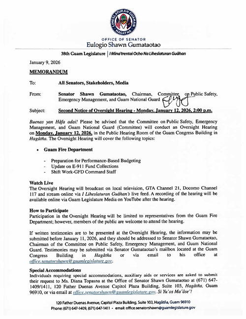 Second Notice of Oversight Hearing - Monday, January 12, 2026, 2:00 p.m.