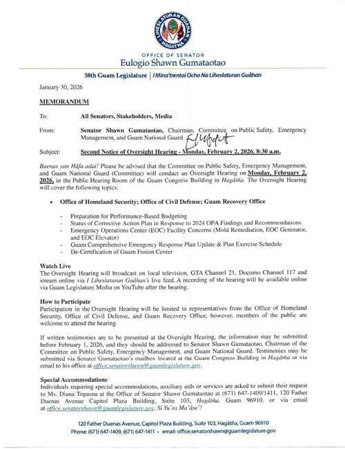 Second Notice of Oversight Hearing - Monday, February 2, 2026, 8:30 a.m.