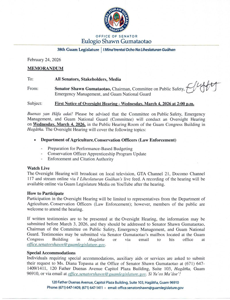 First Notice of Oversight Hearing - Wednesday, March 4, 2026, 2:00 p.m.