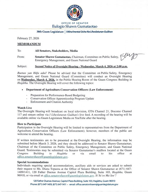 Second Notice of Oversight Hearing - Wednesday, March 4, 2026, 2:00 p.m.