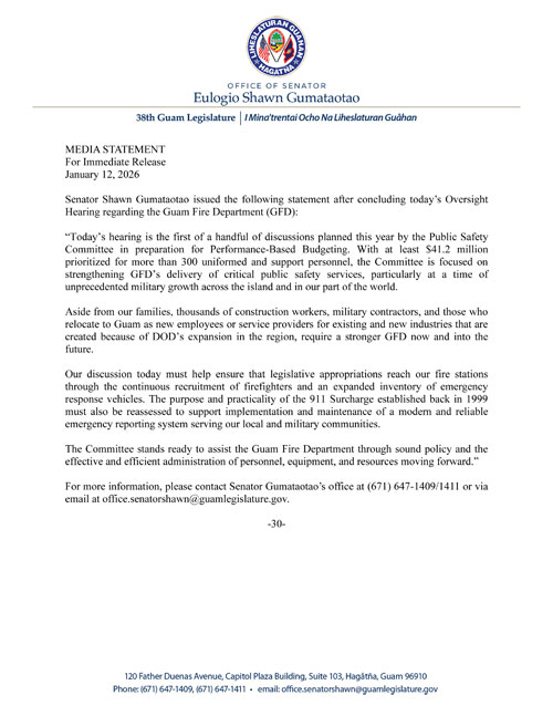 Senator Gumataotao's Statement on Today's Oversight Hearing Regarding the Guam Fire Department