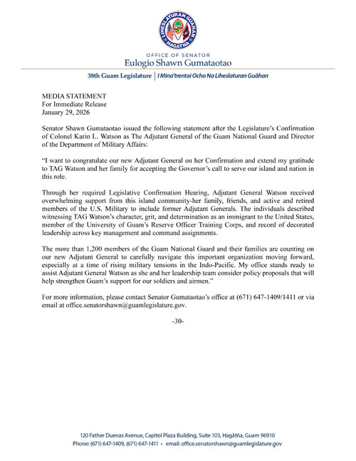 Senator Gumataotao's Statement on the Legislature's Confirmation of Colonel Karin L. Watson as The Adjutant General, Guam National Guard