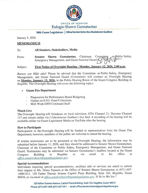 First Notice of Oversight Hearing - Monday, January 12, 2026, 2:00 p.m.