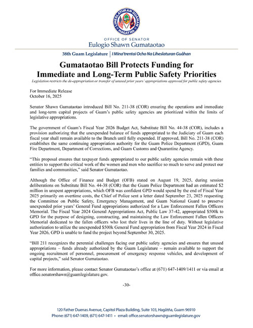 Gumataotao Bill Protects Funding for Immediate and Long-Term Public Safety Priorities