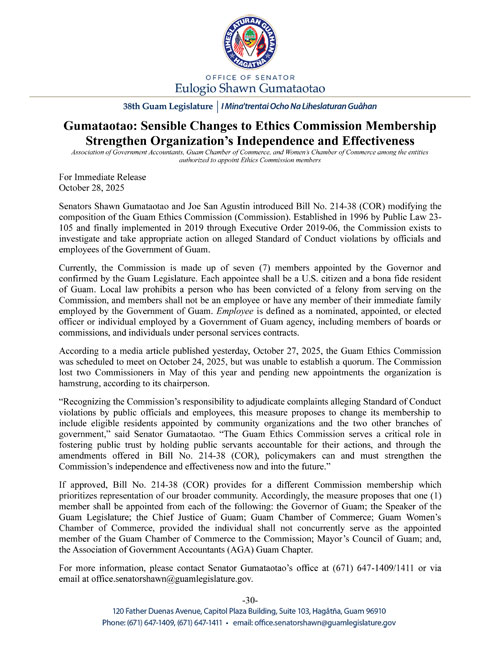 Gumataotao: Sensible Changes to Ethics Commission Membership Strengthen Organization’s Independence and Effectiveness