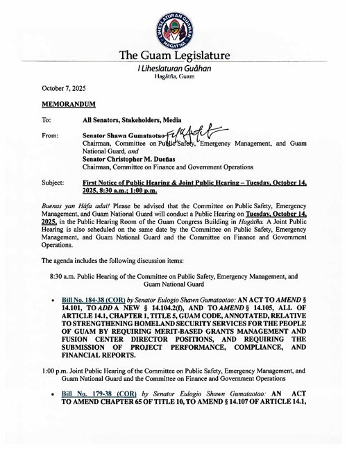 First Notice of Public Hearing & Joint Public Hearing - Tuesday, October 14, 2025, beginning at 8:30 a.m.; 1:00 p.m.