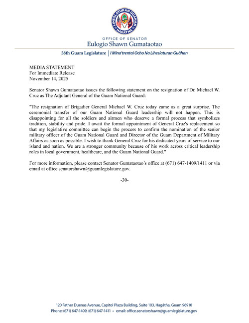 Senator Gumataotao's Statement on the Resignation of The Adjutant General, Guam National Guard
