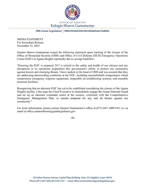 Senator Gumataotao's Statement on the Closure of the OHS and OCD Emergency Operations Center