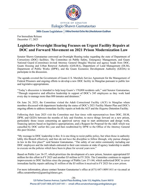 Legislative Oversight Hearing Focuses on Urgent Facility Repairs at DOC and Forward Movement on 2021 Prison Modernization Law