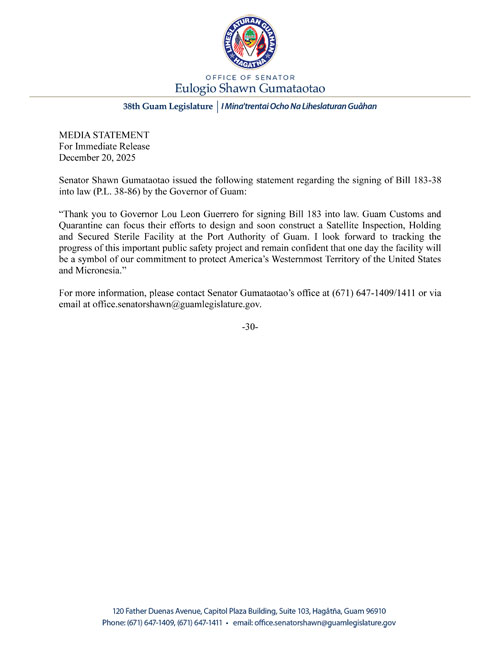 Senator Gumataotao's Statement on the Governor's Approval of Customs Satellite Inspection Facility Bill 183
