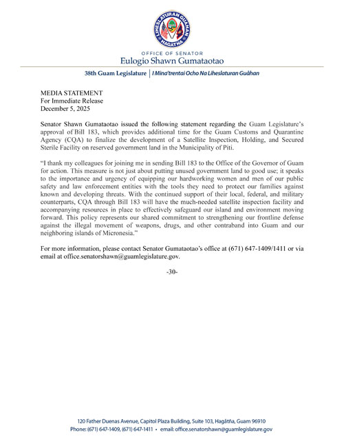 Senator Gumataotao's Statement on the Legislature's Approval of Customs Satellite Inspection Facility Bill 183