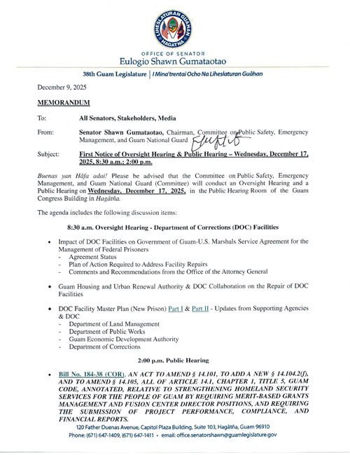 First Notice of Oversight Hearing and Public Hearing - Wednesday, December 17, 2025, 8:30 a.m. and 2:00 p.m.