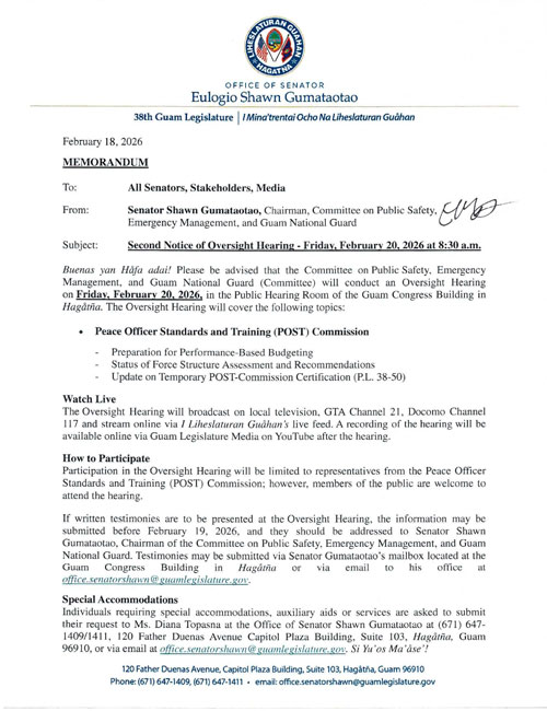 Second Notice of Oversight Hearing - Friday, February 20, 2026 at 8:30 a.m.