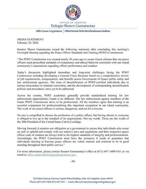 Senator Gumataotao's Statement on the Oversight Hearing Regarding the POST Commission