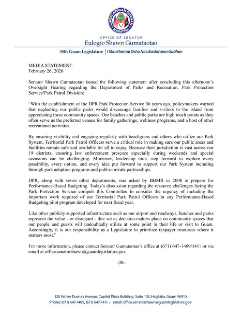 Senator Gumataotao's Statement on Today's Oversight Hearing Regarding the Territorial Park Protection Service (DPR)