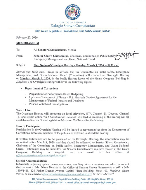 First Notice of Oversight Hearing - Monday, March 9, 2026, 8:30 a.m.