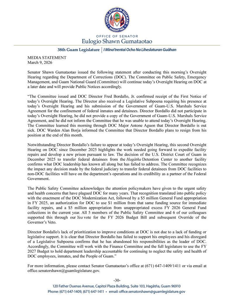 Senator Gumataotao's Statement on Today's Oversight Hearing Regarding the Department of Corrections