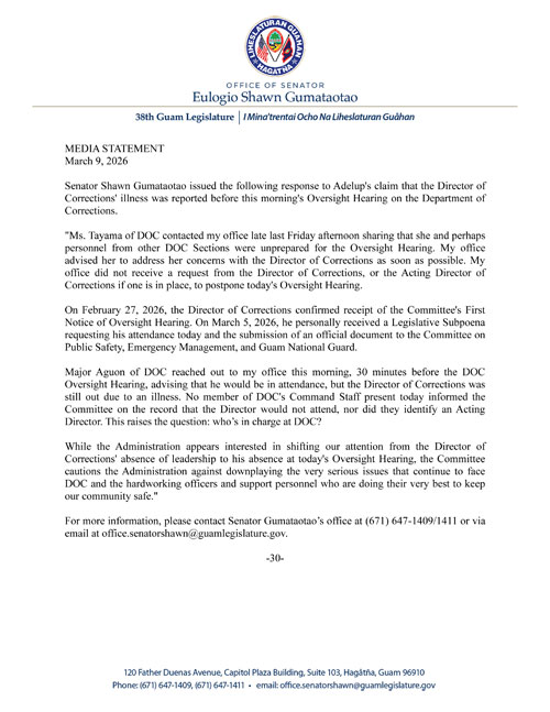 Senator Gumataotao's Comments Regarding the Absence of DOC Director at Today's Oversight Hearing
