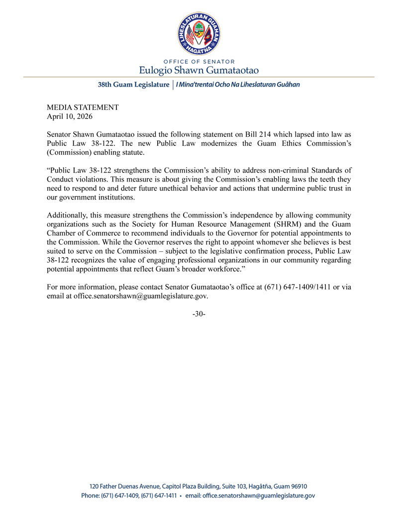 Senator Gumataotao's Statement on Guam Ethics Commission Bill 214 (P.L. 38-122)