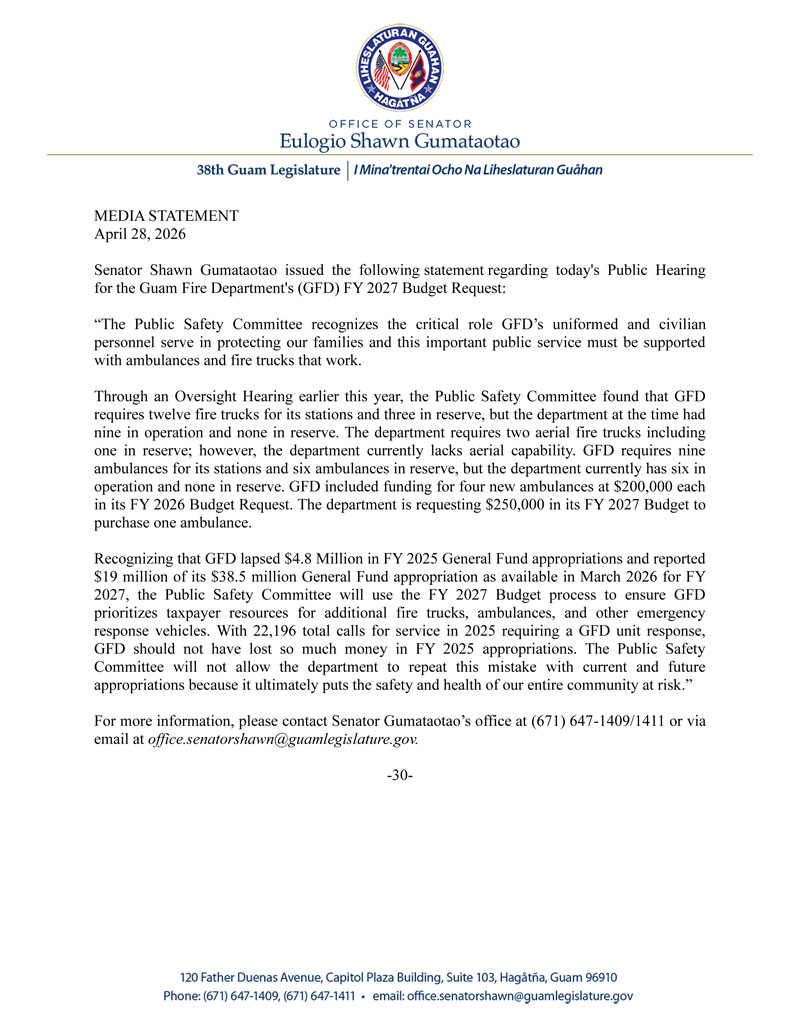 Senator Gumataotao's Statement on Today's Public Hearing for GFD's FY 2027 Budget Request