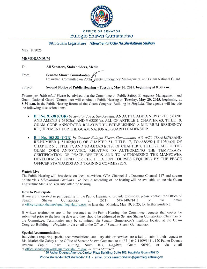 Second Notice of Public Hearing – Tuesday, May 20, 2025, beginning at 8:30 a.m.