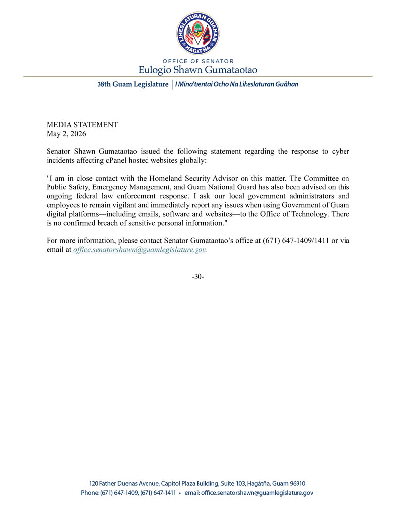 Senator Gumataotao's Statement on Cyber Incidents Affecting the Government of Guam