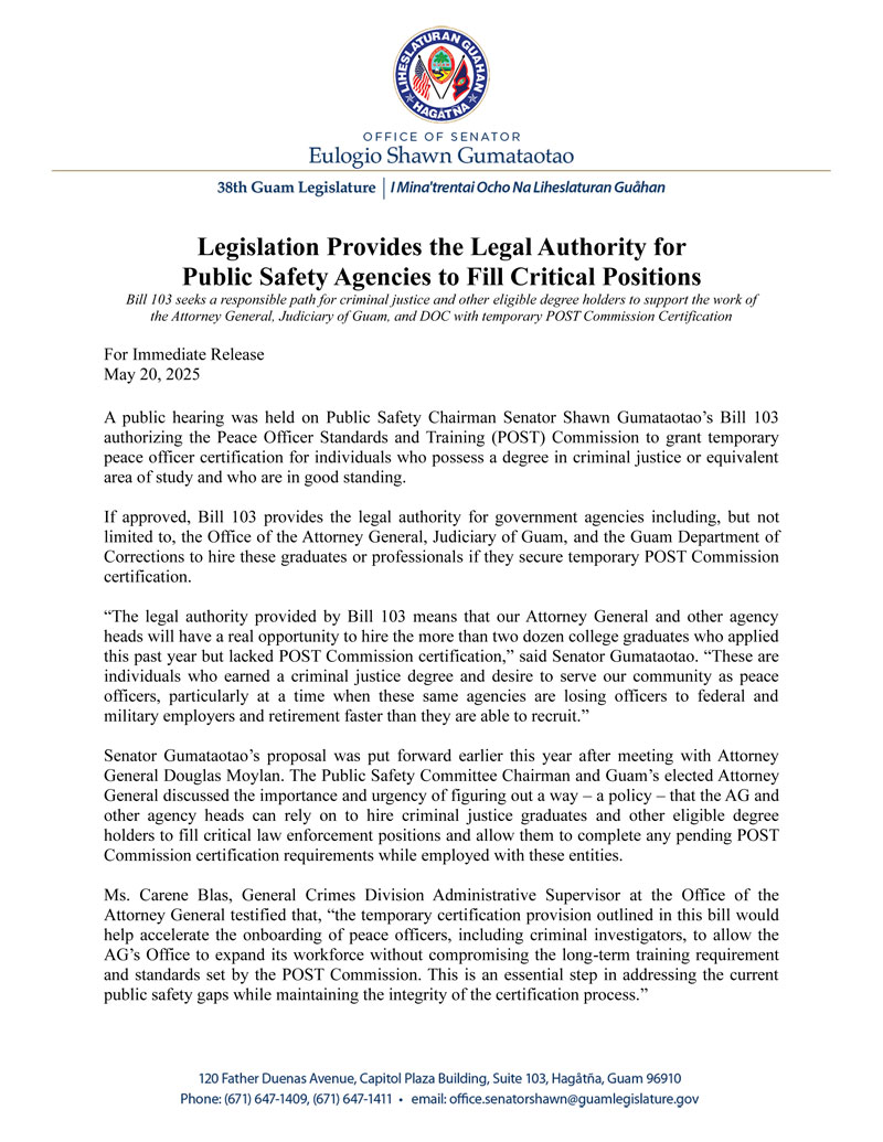 Legislation Provides the Legal Authority for Public Safety Agencies to Fill Critical Positions