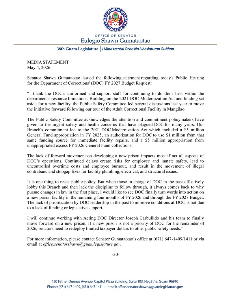 Senator Gumataotao's Statement on Today's Public Hearing for DOC (FY 2027 Budget Request)