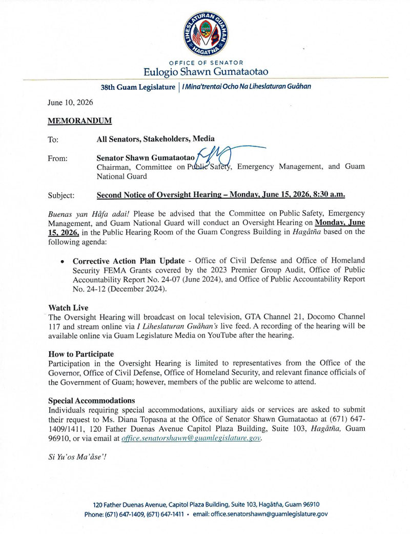 Second Notice of Oversight Hearing – Monday, June 15, 2026, 8:30 a.m.