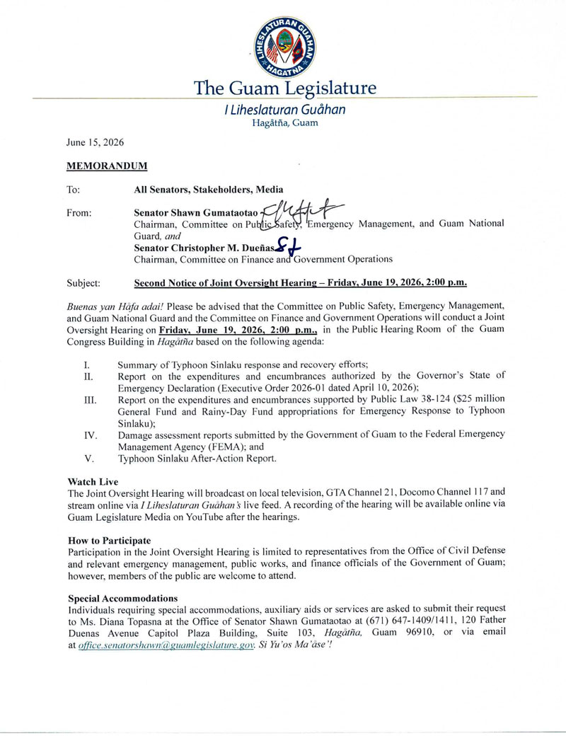 Second Notice of Joint Oversight Hearing – Friday, June 19, 2026, 2:00 p.m.
