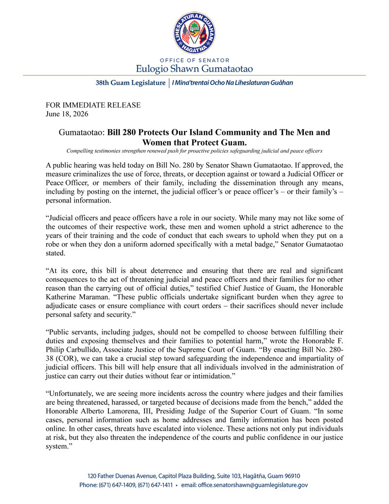 Gumataotao: Bill 280 Protects Our Island Community and The Men and Women that Protect Guam