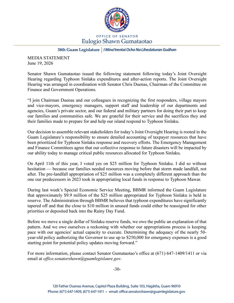Senator Gumataotao's Statement on Today's Joint Oversight Hearing Regarding Typhoon Sinlaku Expenditures and After-Action Reports