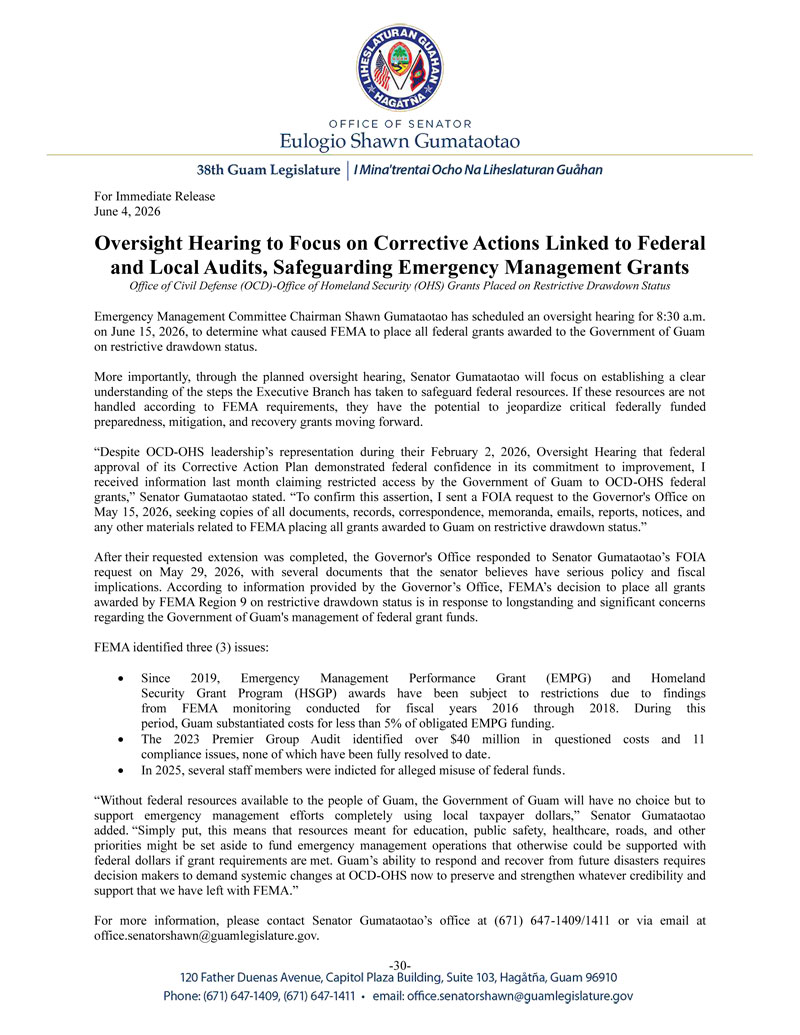 Oversight Hearing to Focus on Corrective Actions Linked to Federal and Local Audits, Safeguarding Emergency Management Grants