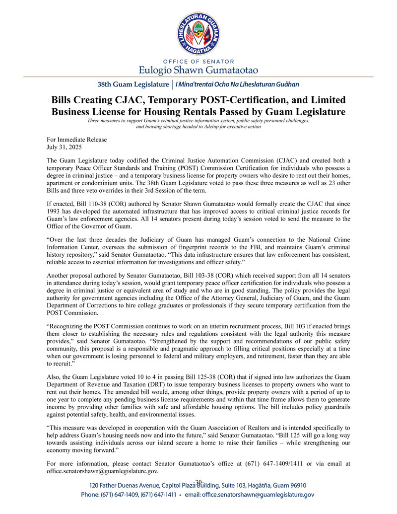 Bills Creating CJAC, Temporary POST-Certification, and Limited Business License for Housing Rentals Passed by Guam Legislature