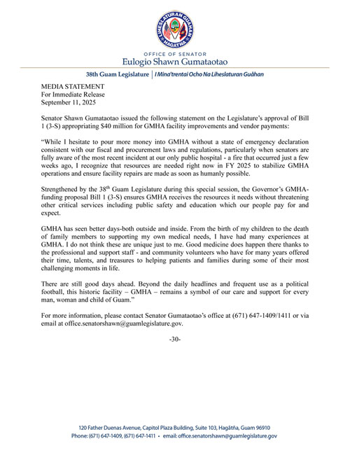 Senator Gumataotao's Statement on the Approval of GMHA Facility Improvements and Vendor Payments Funding Bill