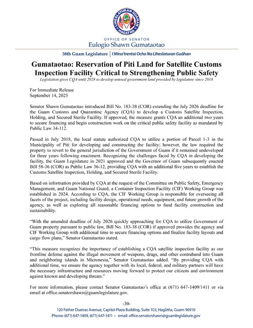 Gumataotao: Reservation of Piti Land for Satellite Customs Inspection Facility Critical to Strengthening Public Safety