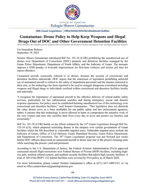 Gumataotao: Drone Policy to Help Keep Weapons and Illegal Drugs Out of DOC and Other Government Detention Facilities