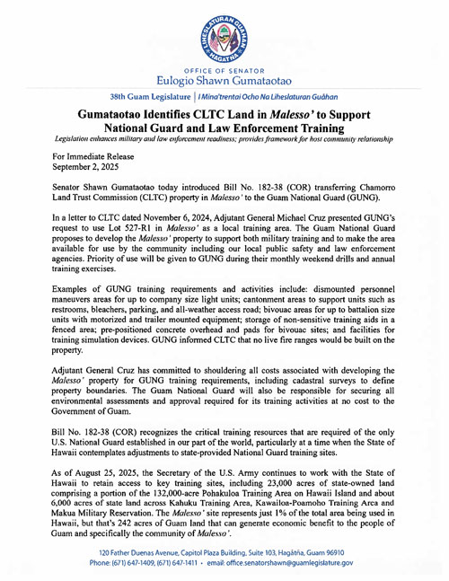 Gumataotao Identifies CLTC Land in Malesso’ to Support  National Guard and Law Enforcement Training