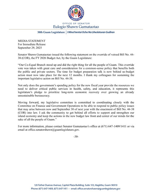 Senator Gumataotao's Statement on the Override of Vetoed Bill No. 44-38 (Fiscal Year 2026 Budget Act)