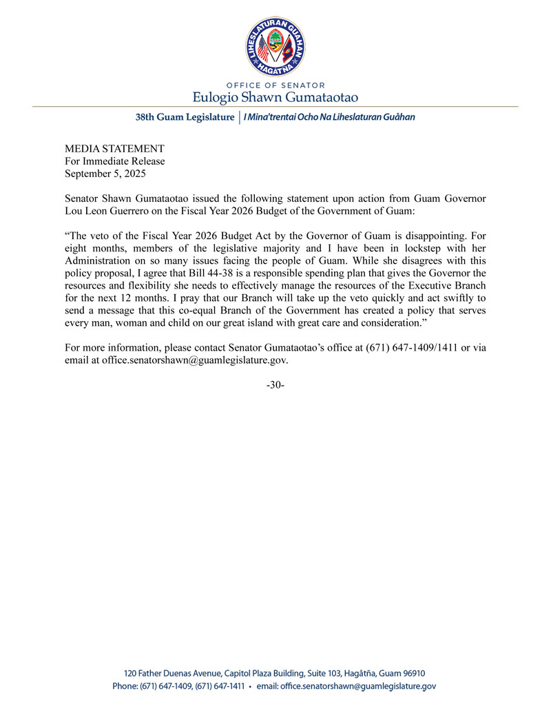 Senator Gumataotao's Statement on Vetoed Bill No. 44-38 (COR) - Fiscal Year 2026 Budget