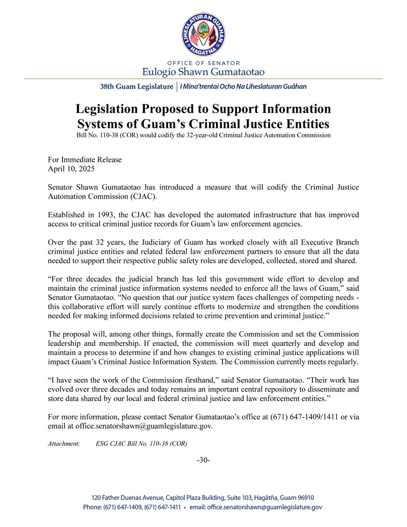 Legislation Proposed to Support Information Systems of Guam’s Criminal Justice Entities