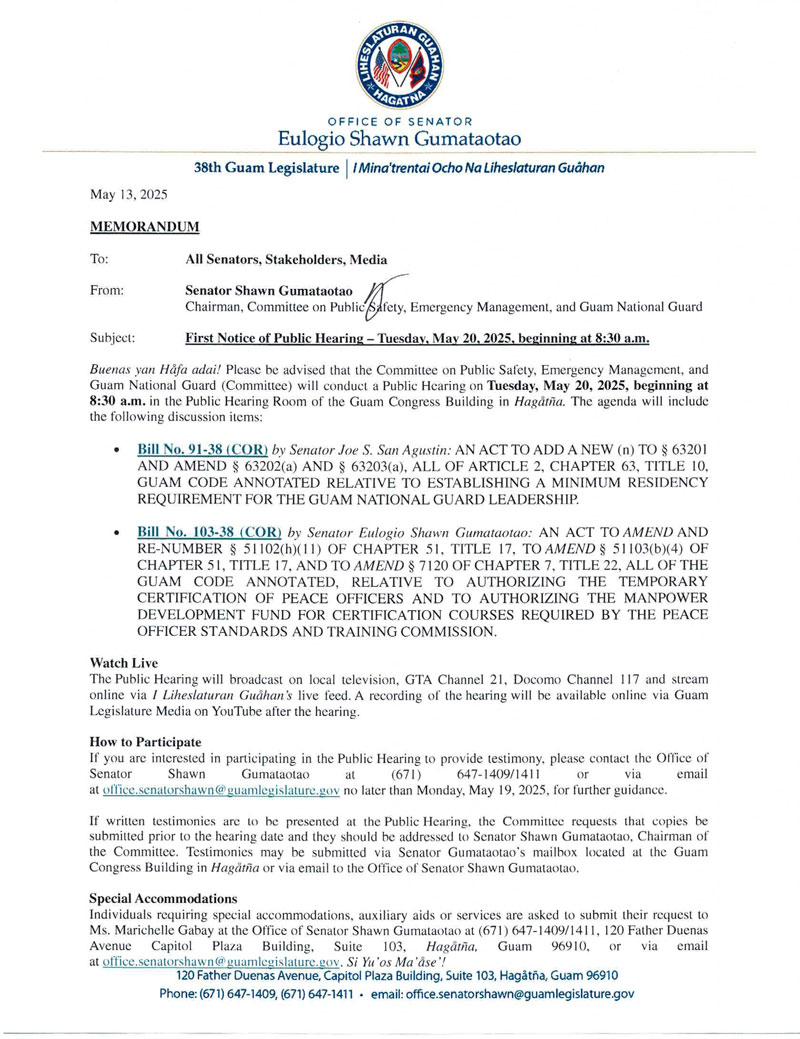 First Notice of Public Hearing – Tuesday, May 20, 2025, beginning at 8:30 a.m.