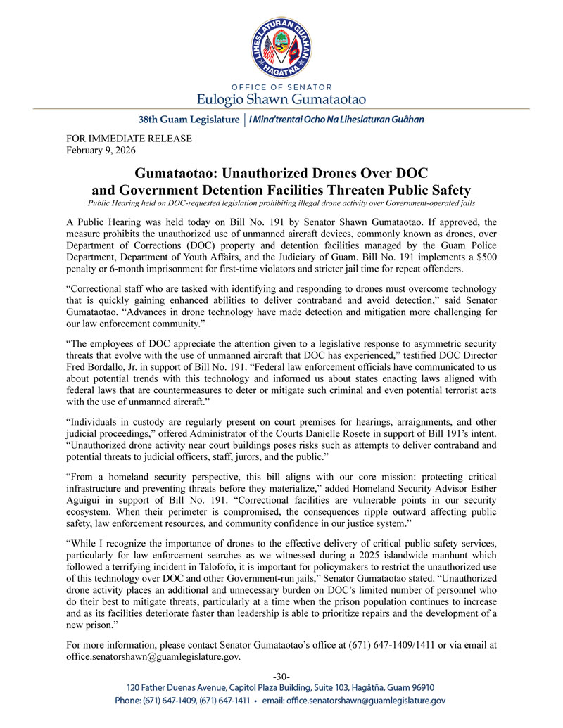 Gumataotao: Unauthorized Drones Over DOC and Government Detention Facilities Threaten Public Safety