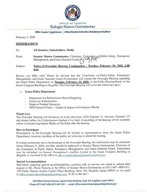 Notice of Oversight Hearing Continuation - Tuesday, February 10, 2026, 2:00 p.m.