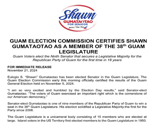 GUAM ELECTION COMMISSION CERTIFIES SHAWN GUMATAOTAO AS A MEMBER OF THE 38th GUAM LEGISLATURE