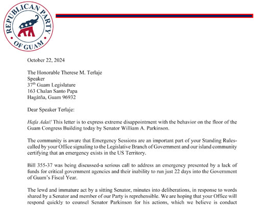 Letter-RPOG to Speaker, 37th Guam Legislature